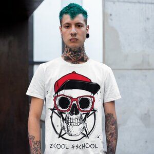 Men's Skater Punk 2Cool 4School Skull White Shirt Handcrafted Small - 3XL